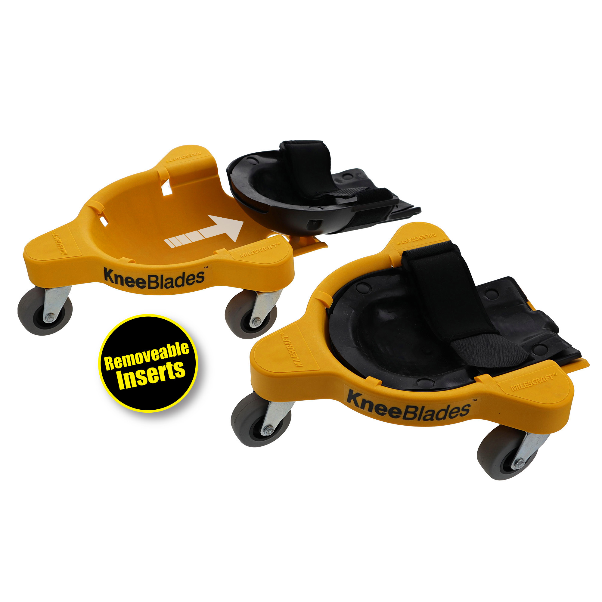 Milescraft Knee Blades — Heavy-Duty Knee Pads, 3 Casters, Gel Cushions, 360Â° Turn Capability, Yellow, One Size, Model# 16030003